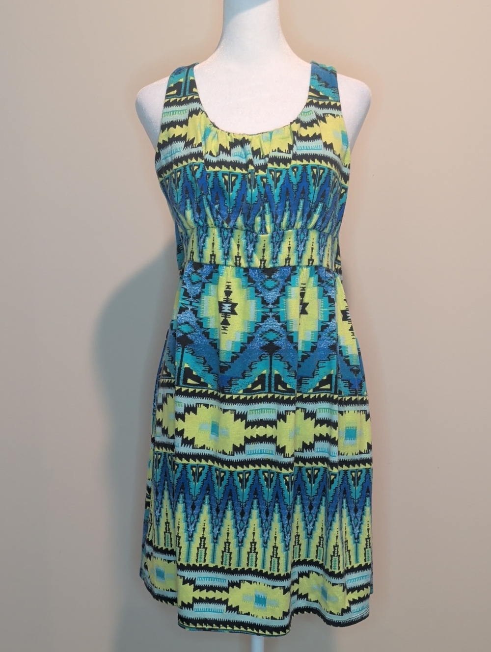Allison Brittney Blue and Yellow Royal Aztec Print Empire Waist Mini Dress